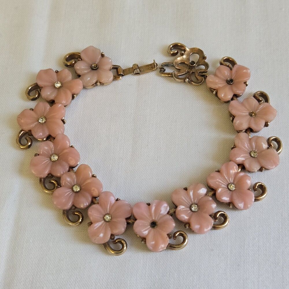 Trifari Alfred Philippe RARE Forget-Me-Not Molded Glass Bracelet Book Piece READ